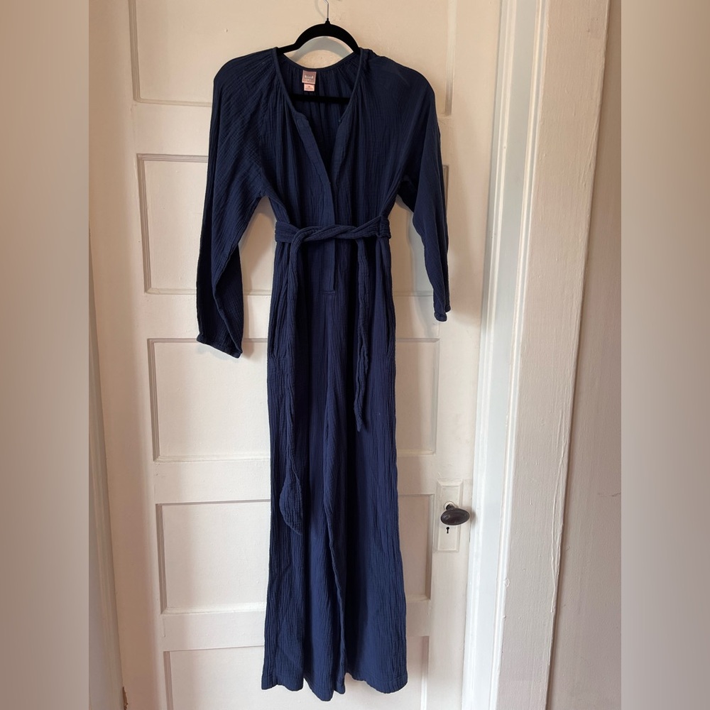 NOM ($128 retail) Navy Blue Maternity Jumpsuit 100% cotton super soft size small - Picture 2 of 8